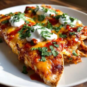 Close-up of baked easy chicken enchiladas covered in melted cheese, red sauce, sour cream, and fresh cilantro.
