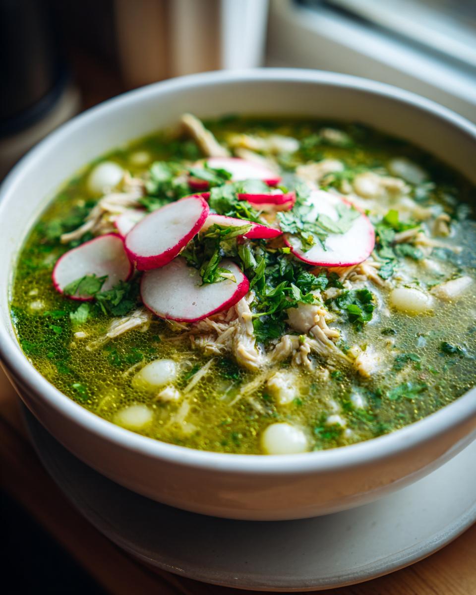 Close-up of a bowl of vibrant green chicken pozole topped with sliced radishes and fresh cilantro.