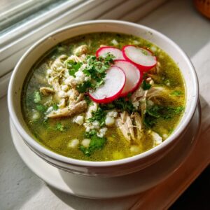 A vibrant bowl of green chicken pozole featuring shredded chicken, hominy, and garnished with fresh radishes and cilantro.