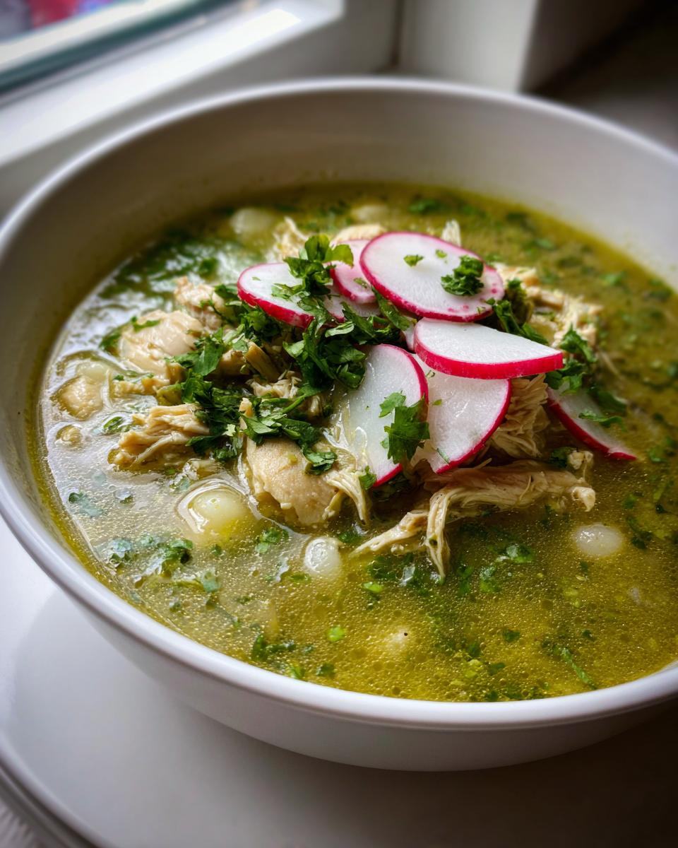 A close-up, vibrant bowl of green chicken pozole garnished with sliced radishes and fresh cilantro.