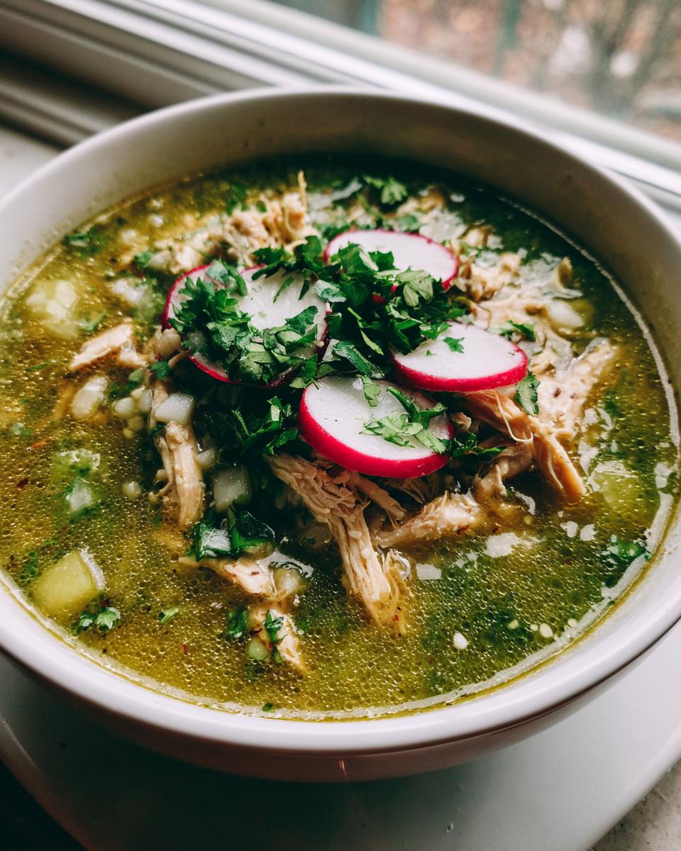 Close-up of a bowl of vibrant green chicken pozole topped with shredded chicken, radishes, and cilantro.