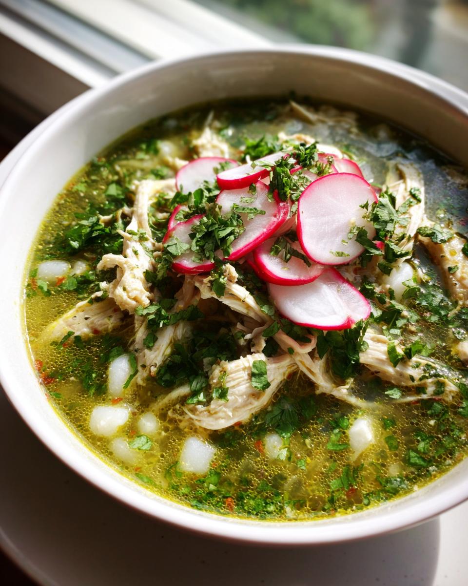 Close-up of a vibrant bowl of green chicken pozole topped with shredded chicken, hominy, cilantro, and sliced radishes.