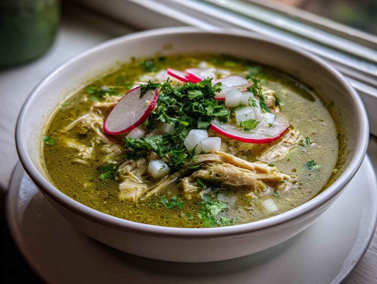 A close-up of a bowl of green chicken pozole, topped with shredded chicken, radishes, onions, and cilantro.