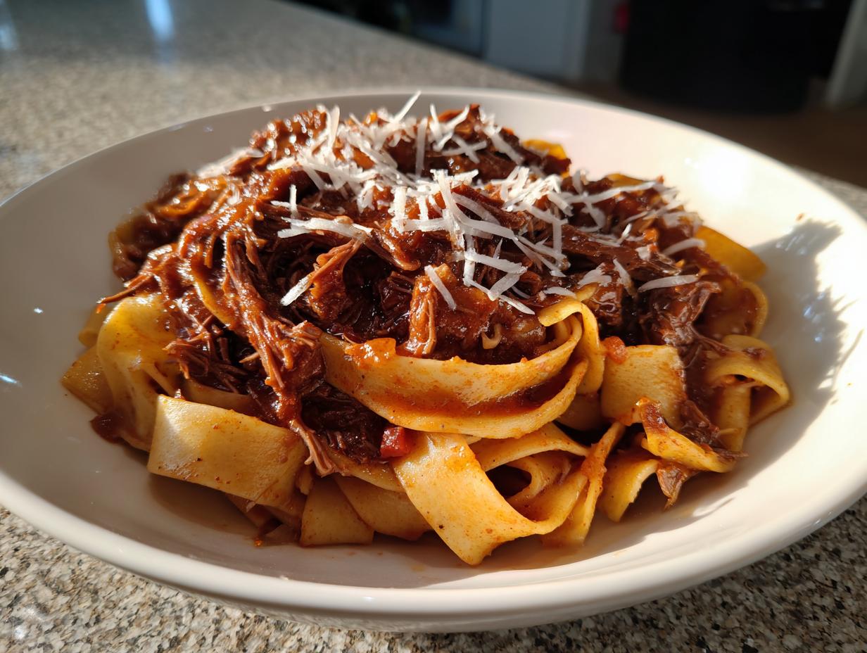 A close-up of a white bowl filled with pappardelle pasta generously topped with rich, shredded beef ragu and grated Parmesan cheese.