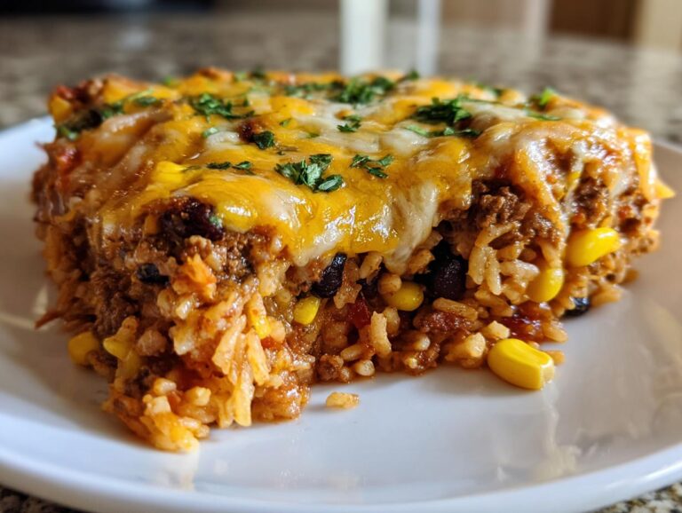 A close-up serving of Mexican rice casserole topped with melted cheddar and Monterey Jack cheese and fresh cilantro.