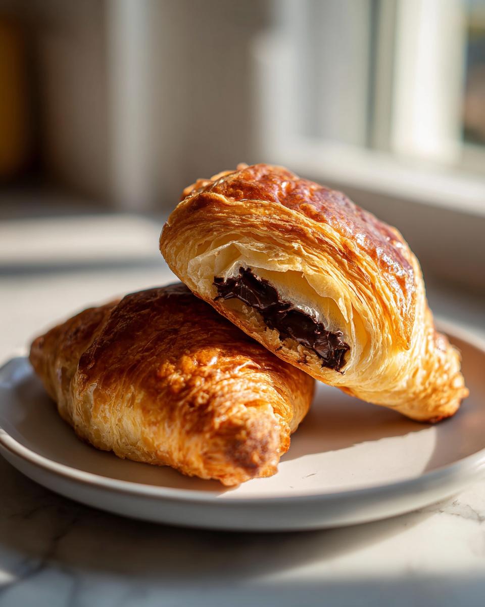 Two golden brown chocolate croissant pastries on a plate, one cut open to reveal melted chocolate filling.