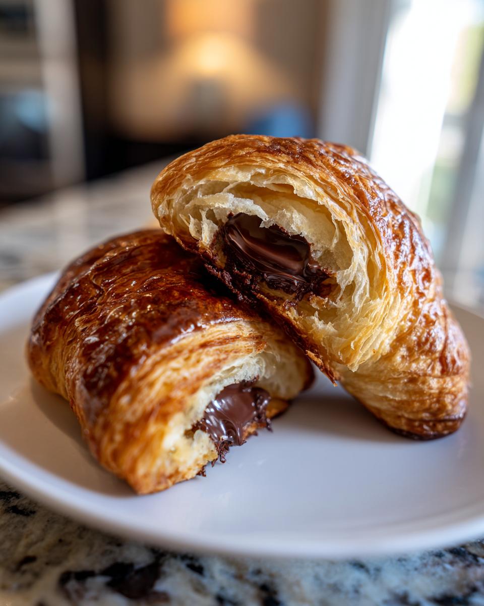 A flaky, golden-brown chocolate croissant cut in half, revealing molten chocolate filling inside.