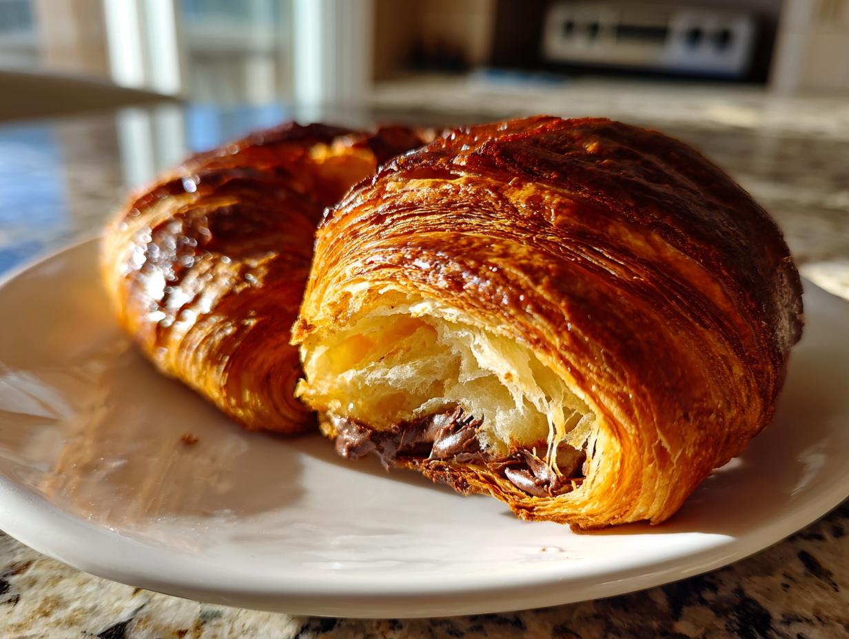 Close-up of a golden brown, flaky chocolate croissant broken open to show the melted chocolate filling inside.