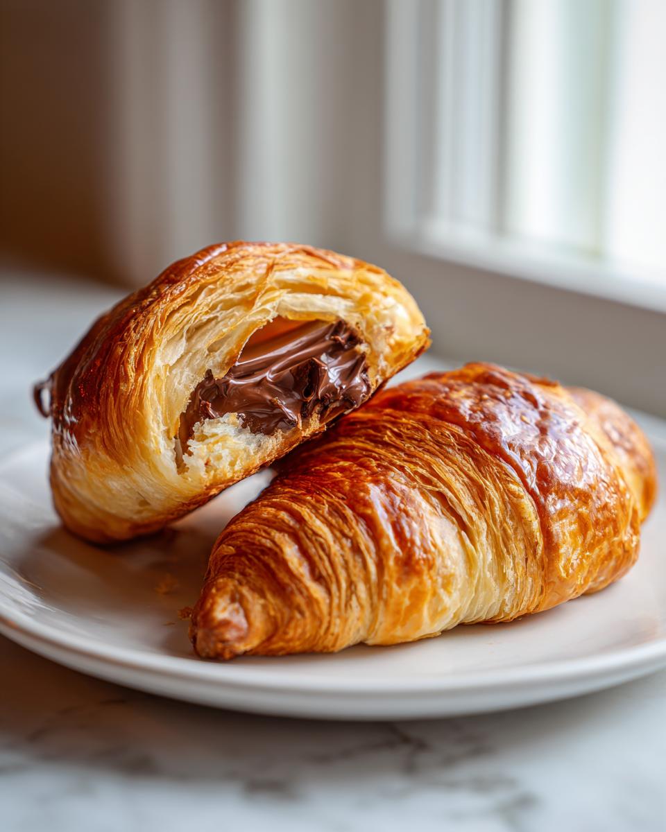 Two golden brown chocolate croissant halves on a white plate, one cut open revealing melted chocolate filling.