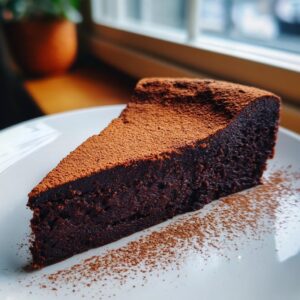 A rich, dark slice of flourless chocolate torte dusted heavily with cocoa powder, served on a white plate.