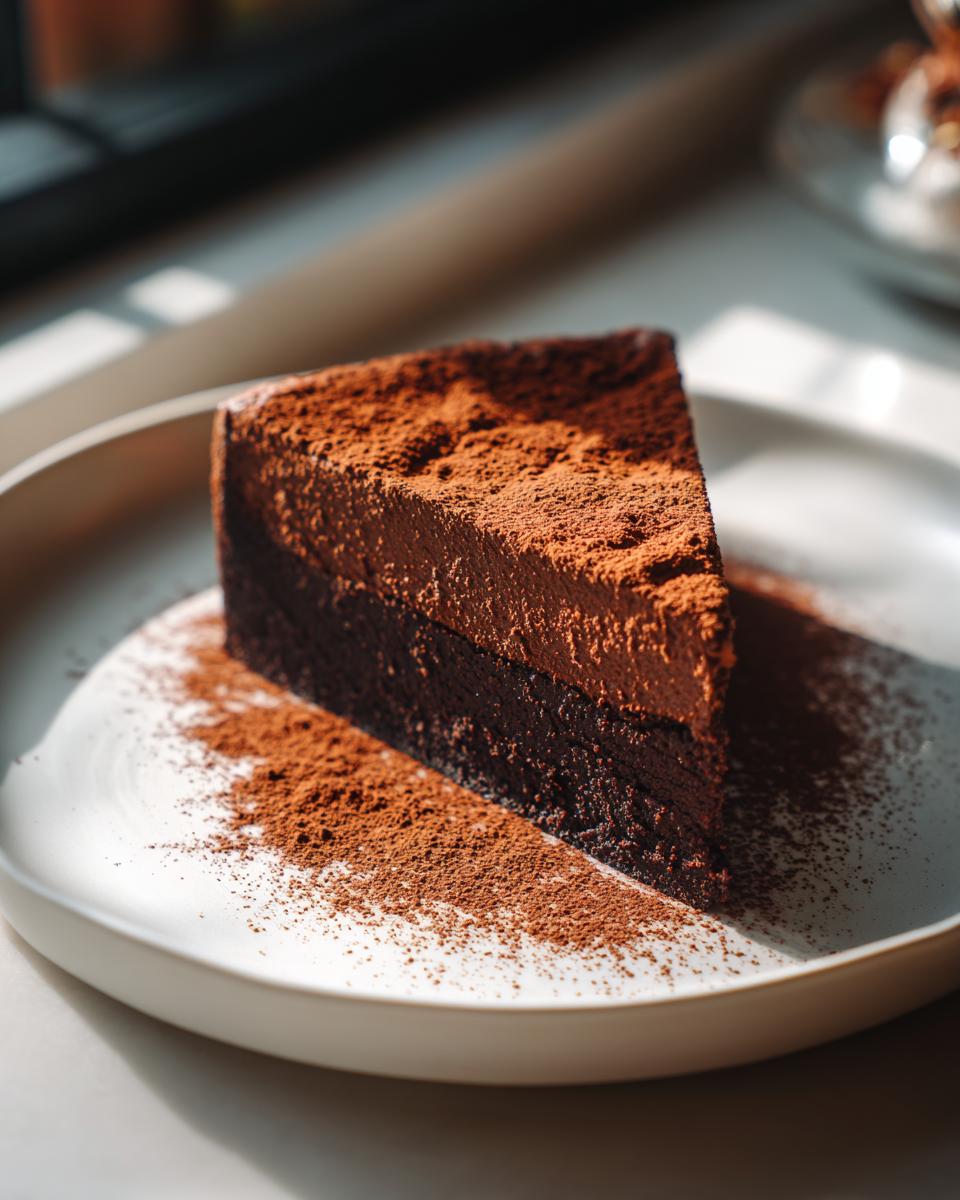 A decadent slice of flourless chocolate torte, featuring a dense base and a lighter top layer, dusted heavily with cocoa powder.