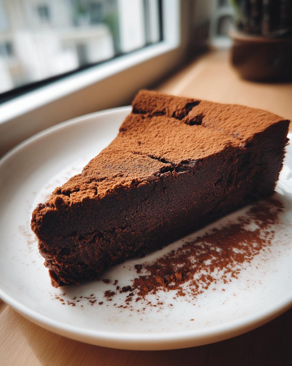 A dense, dark slice of flourless chocolate torte dusted heavily with cocoa powder, served on a white plate.