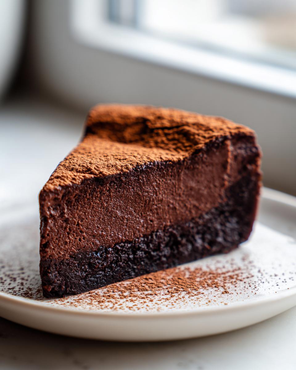 A decadent slice of flourless chocolate torte, showing a dense bottom layer and a lighter mousse top, dusted heavily with cocoa powder.