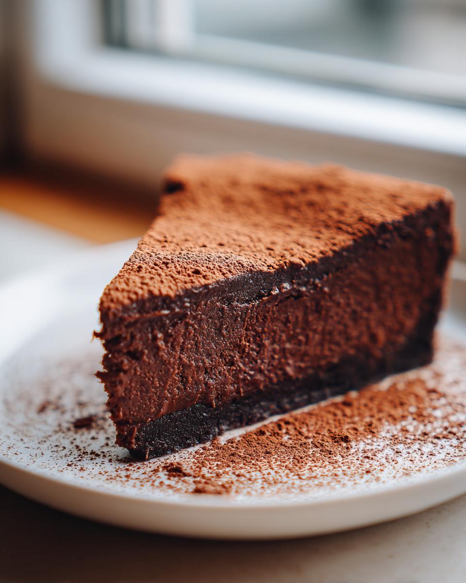 A decadent slice of flourless chocolate torte, richly dark and dusted heavily with cocoa powder, sitting on a white plate.