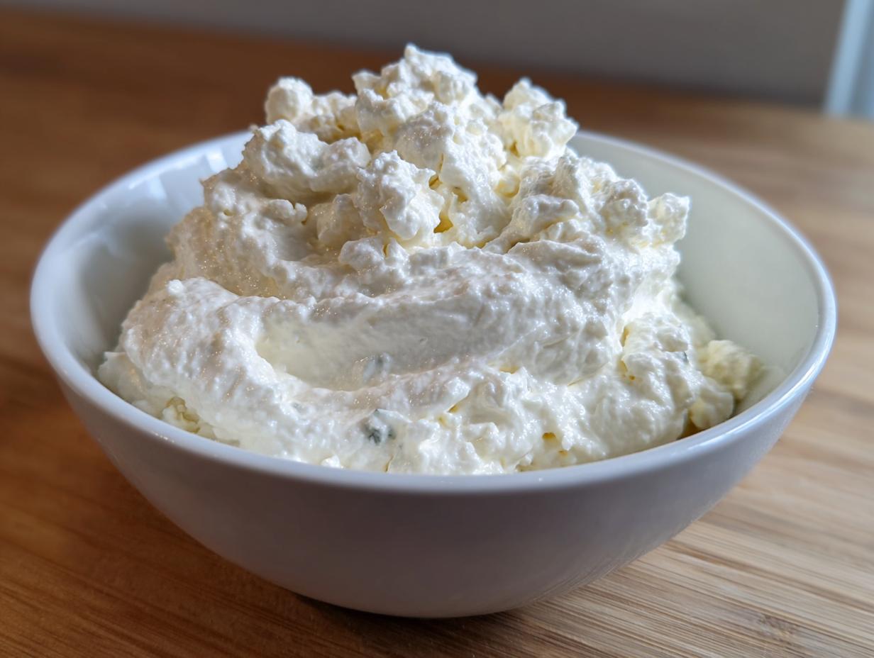 A close-up of a generous serving of creamy, fluffy blue cheese dip piled high in a white bowl.