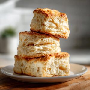 A stack of three tall, fluffy buttermilk biscuits with golden tops resting on a small white plate.