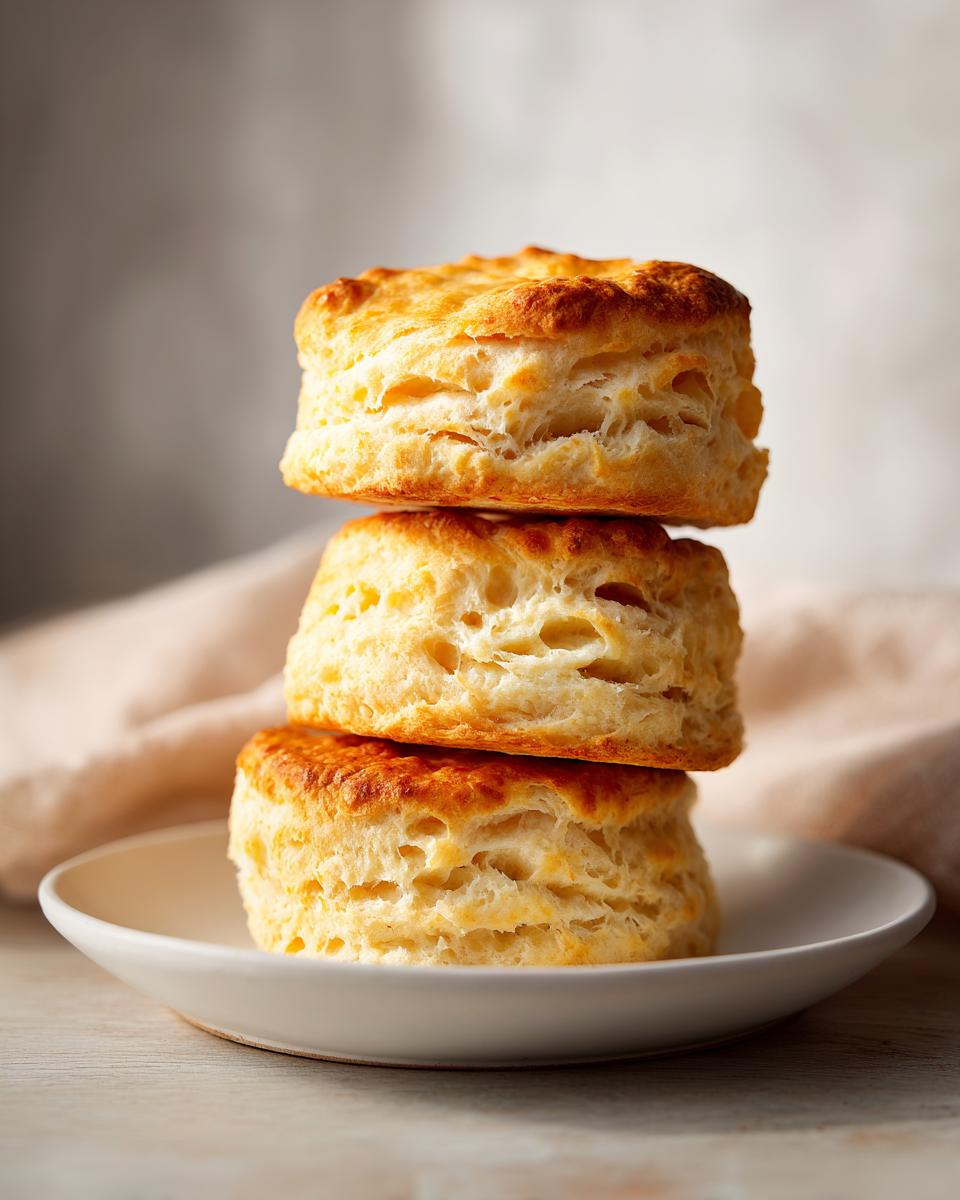 A stack of three golden brown, fluffy buttermilk biscuits piled high on a small white plate.