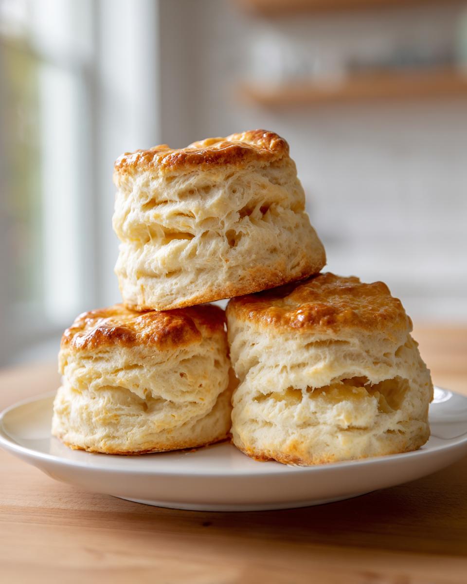 Three tall, flaky buttermilk biscuits stacked on a white plate, showing their layered texture and golden-brown tops.