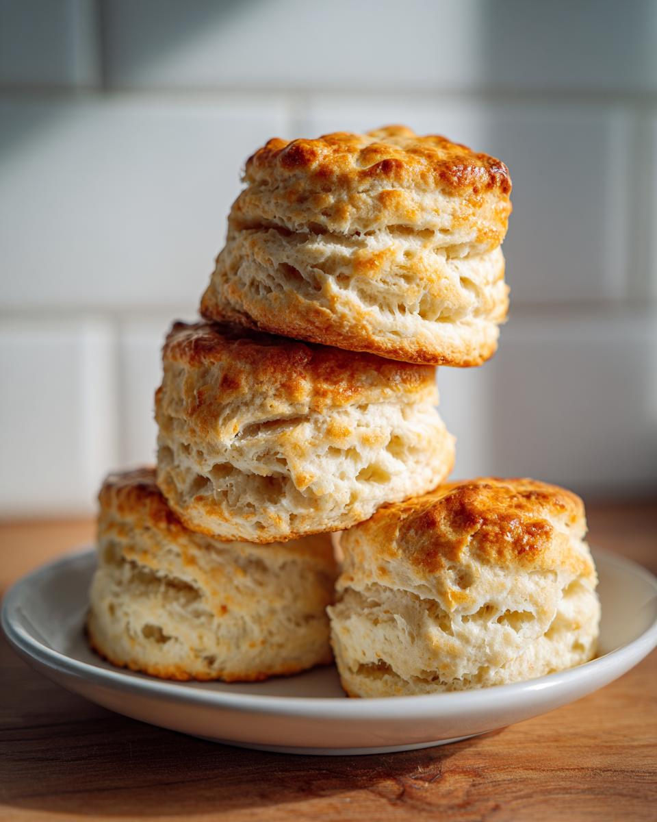 A stack of four golden-brown, fluffy buttermilk biscuits sitting on a small white plate.