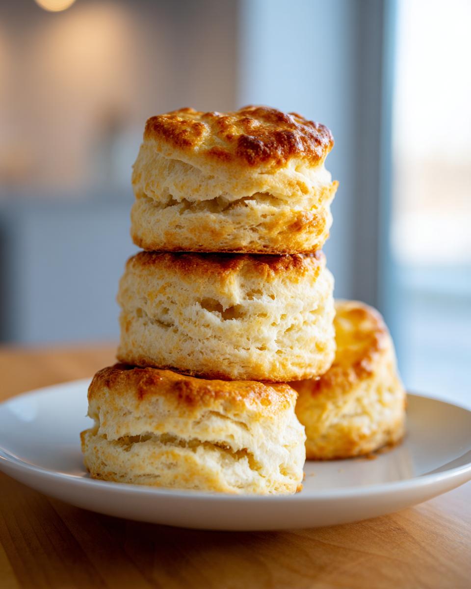 A stack of three golden-brown, fluffy buttermilk biscuits piled on a white plate.
