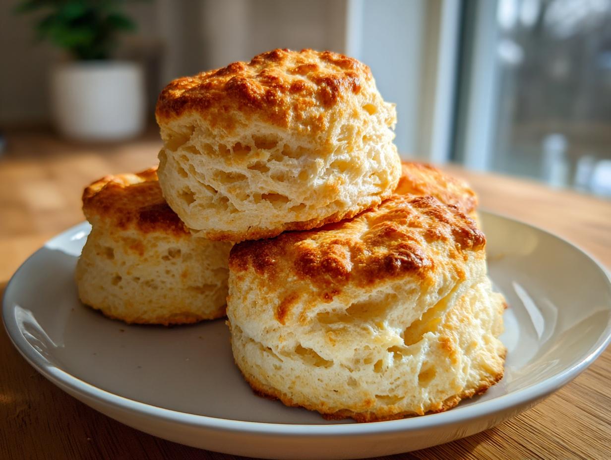 Close-up of three tall, fluffy buttermilk biscuits stacked on a white plate, showing golden tops and layered texture.