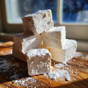 A stack of fluffy, square homemade marshmallows dusted heavily with powdered sugar on a wooden board.