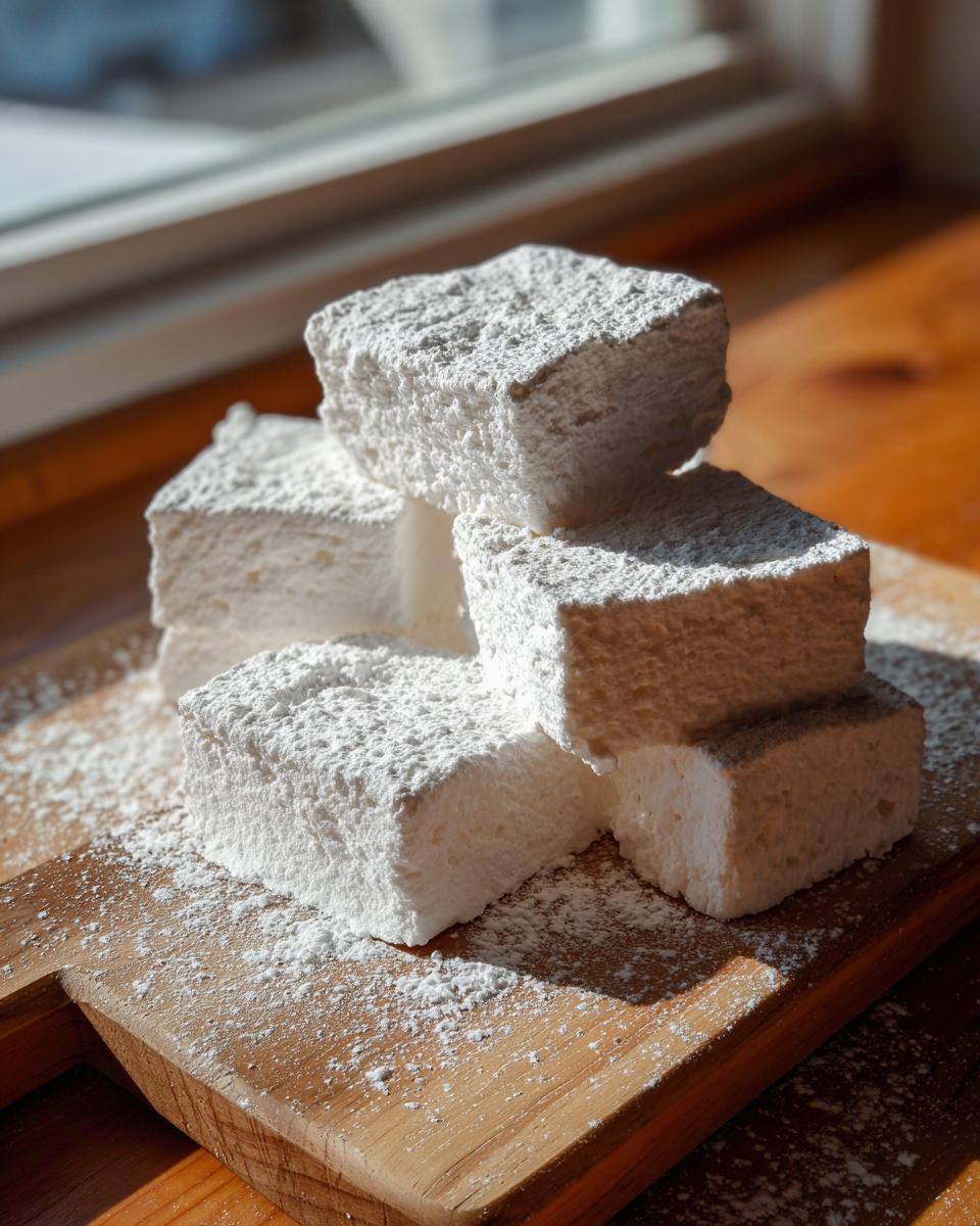 A stack of thick, square homemade marshmallows heavily dusted with powdered sugar resting on a wooden cutting board.
