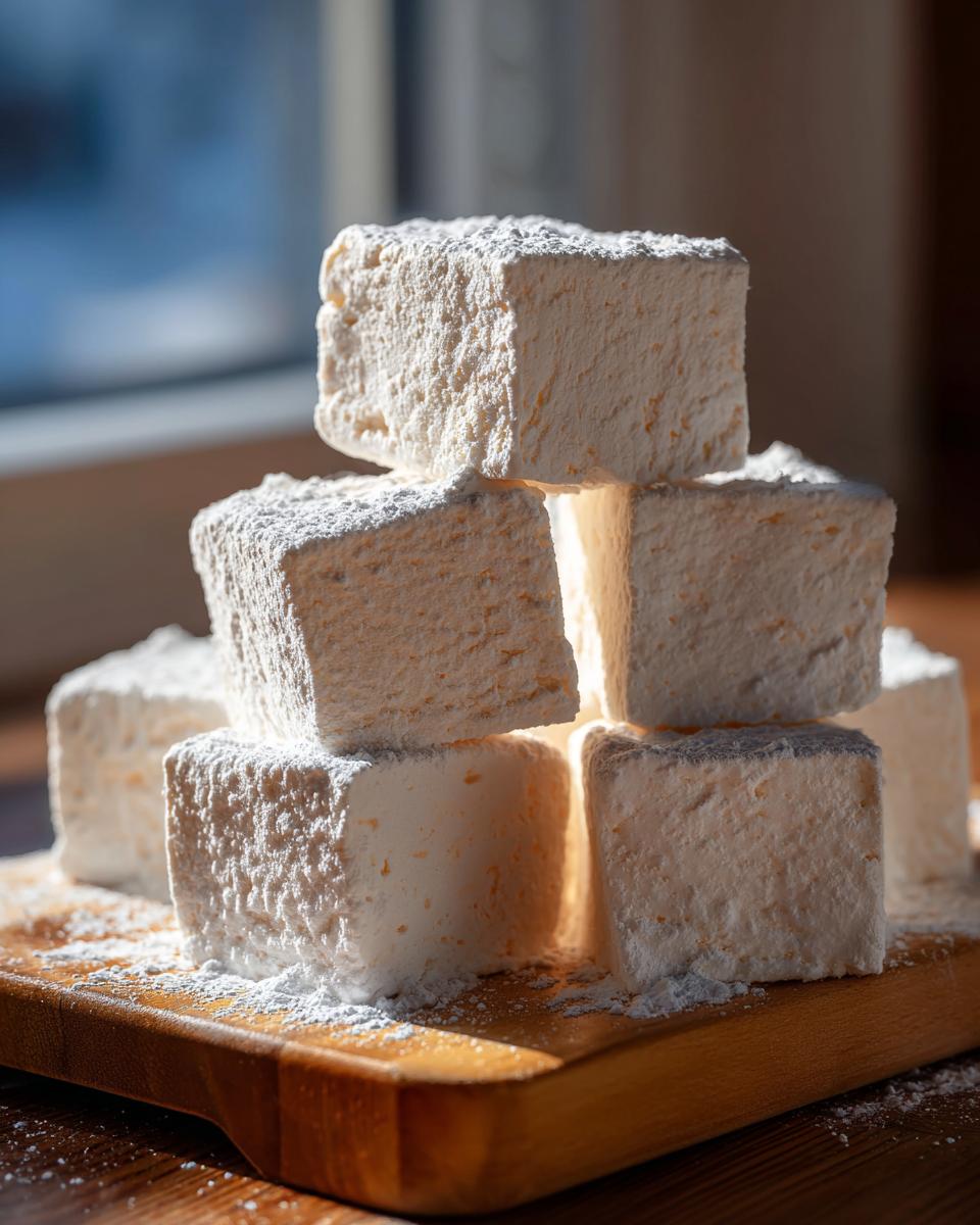 A stack of large, fluffy homemade marshmallows dusted heavily with powdered sugar, sitting on a wooden board.