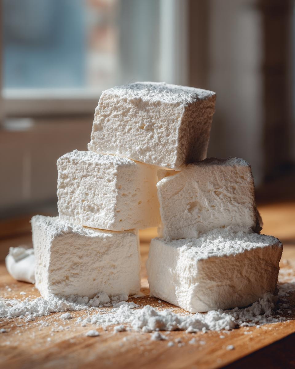 A stack of five fluffy, square homemade marshmallows dusted heavily with powdered sugar on a wooden surface.
