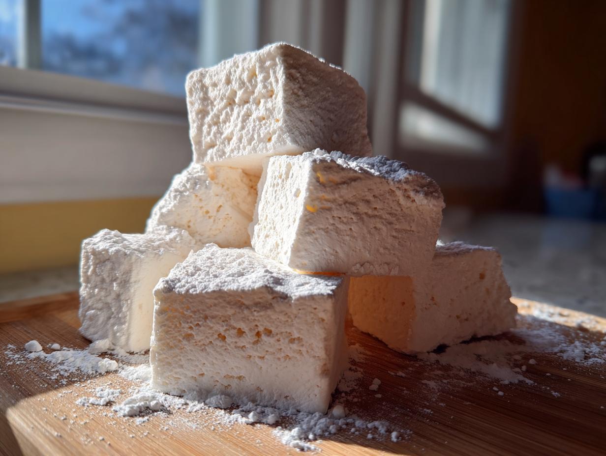 A stack of freshly cut, fluffy homemade marshmallows dusted generously with powdered sugar on a wooden board.