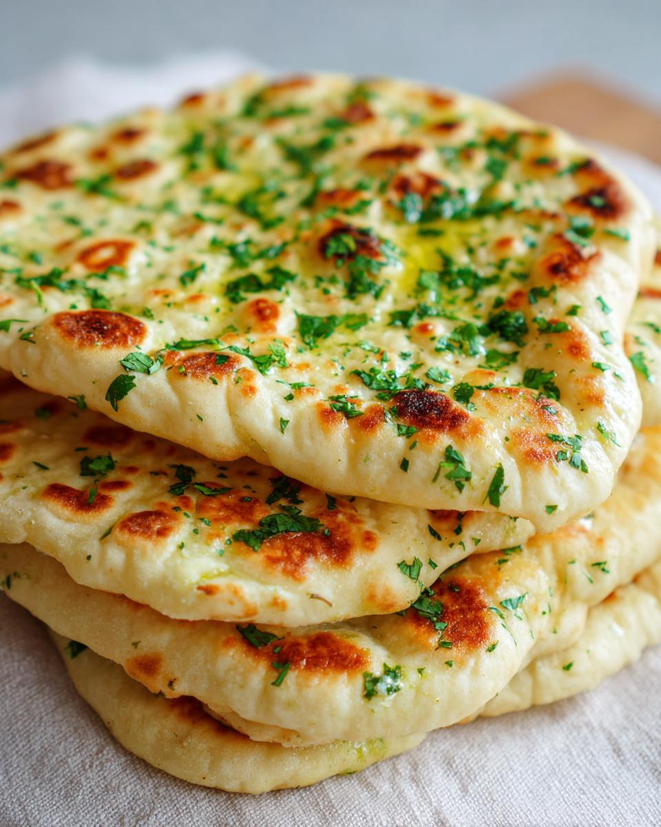 A stack of three fluffy, freshly cooked naan bread pieces brushed with melted butter and topped with chopped cilantro.