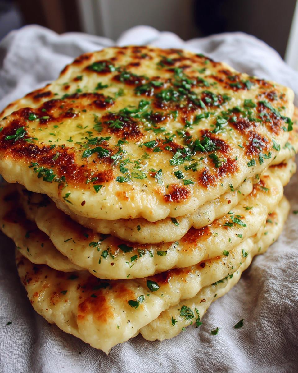 A stack of four golden-brown, fluffy naan bread recipe pieces brushed with butter and topped with chopped green herbs.