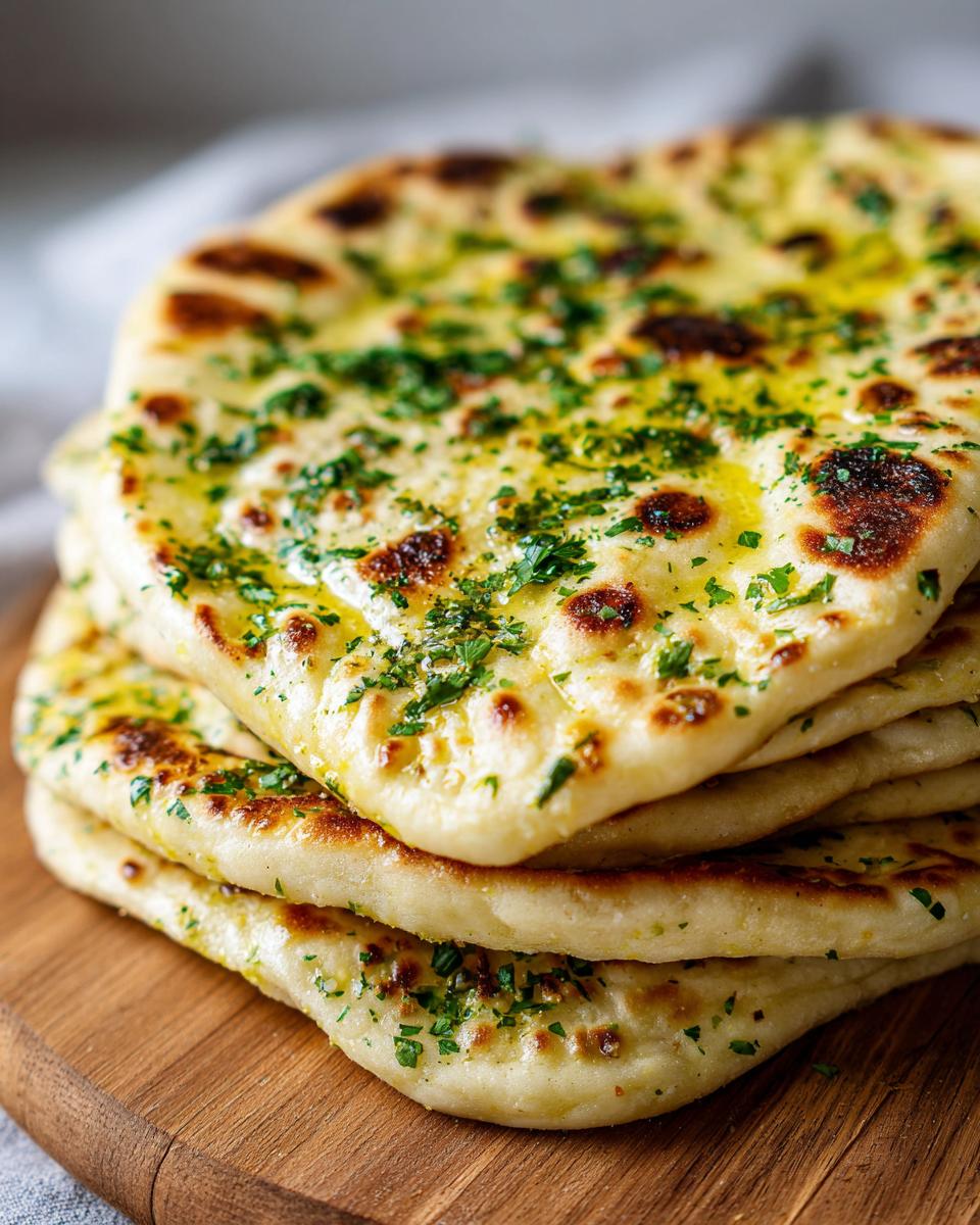 A stack of freshly made, fluffy naan bread recipe pieces brushed with melted butter and topped with chopped parsley.
