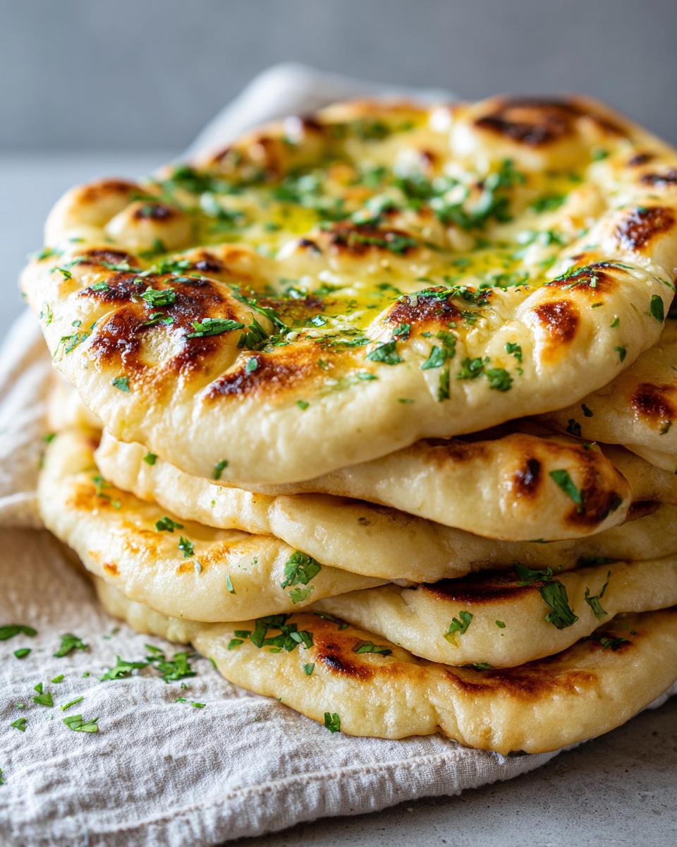 A close-up stack of fluffy naan bread brushed with melted butter and sprinkled with fresh parsley.