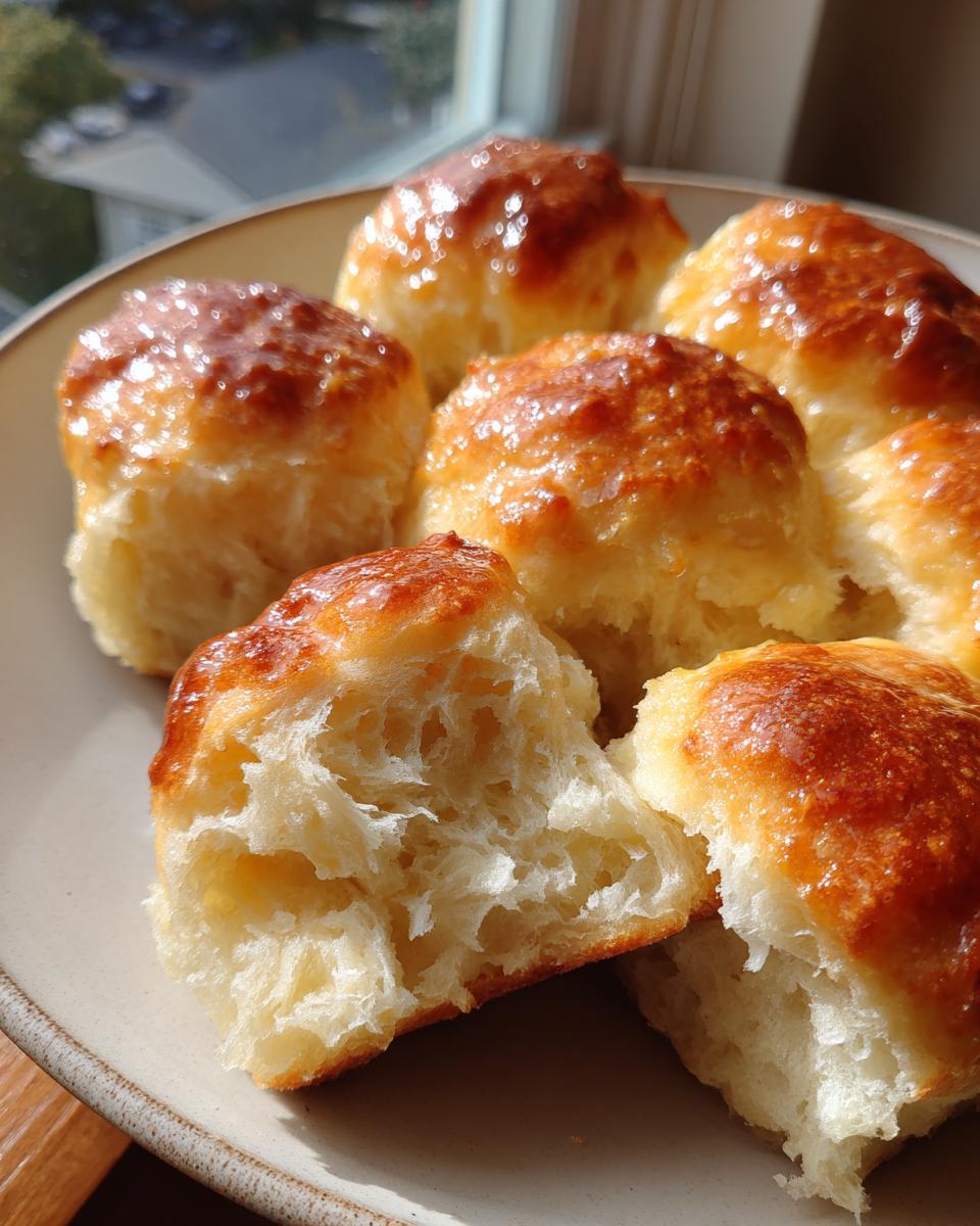 Close-up of golden brown, fluffy sourdough discard rolls on a plate, one torn open to show the soft interior.
