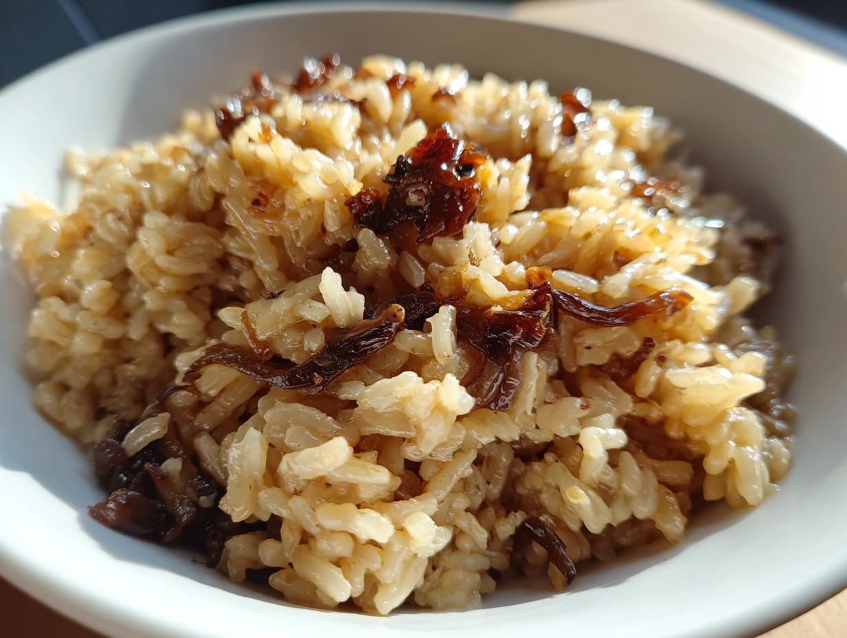 Close-up of fluffy french onion butter rice topped with deeply caramelized onions served in a white bowl.