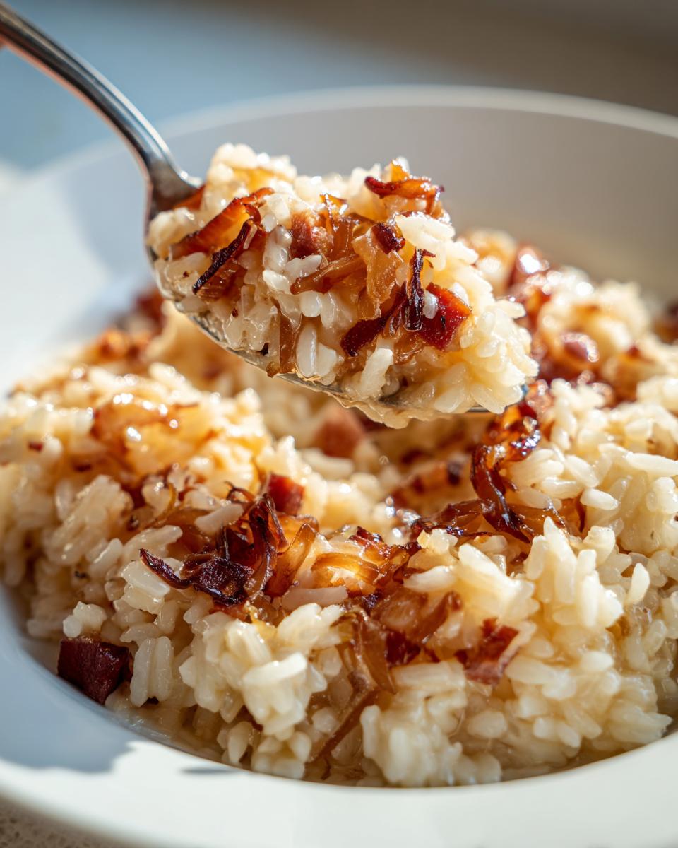 A spoonful of creamy french onion butter rice topped with caramelized onions being lifted from a white bowl.