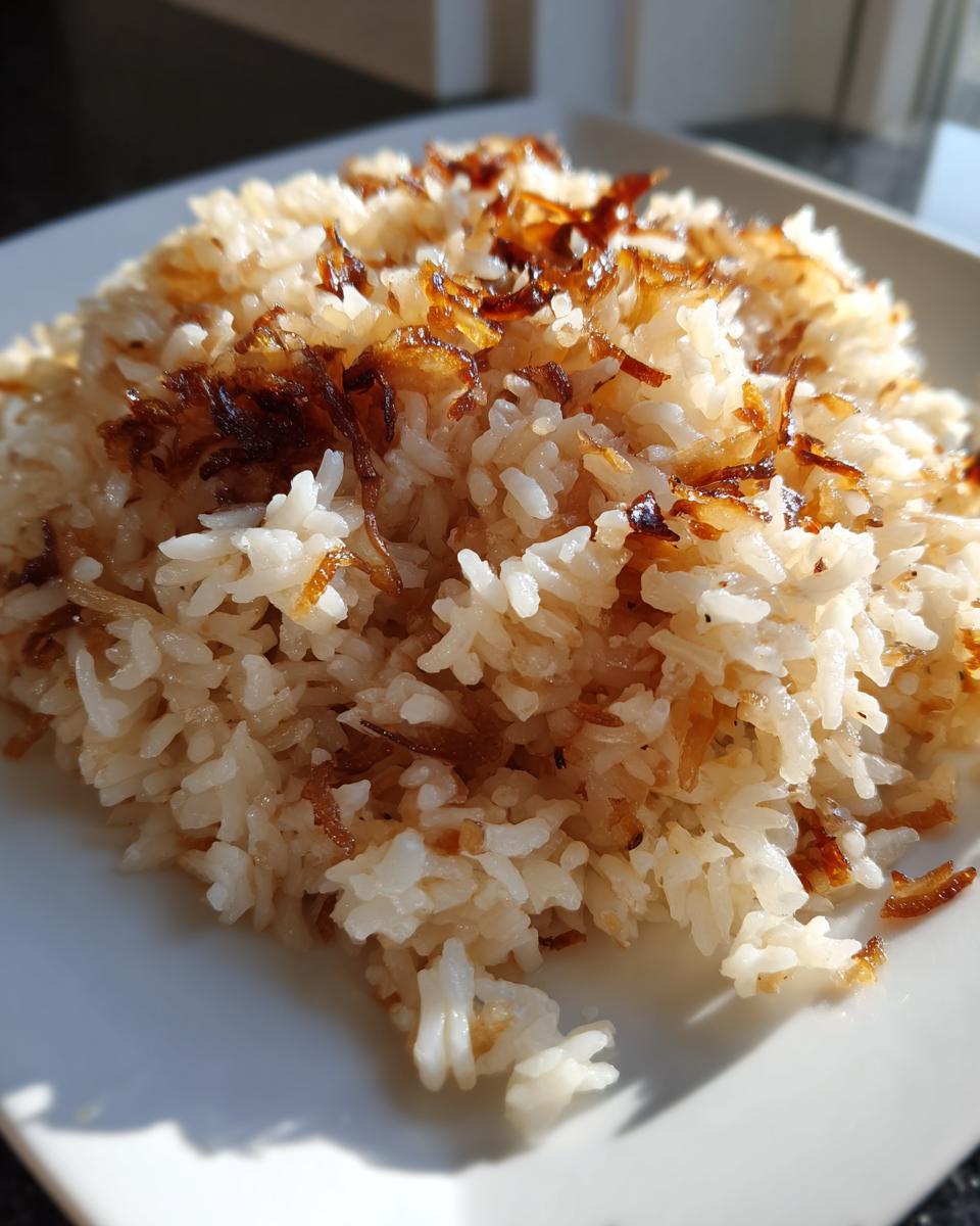 Close-up of fluffy white rice topped generously with crispy, caramelized onions, perfect for french onion butter rice.