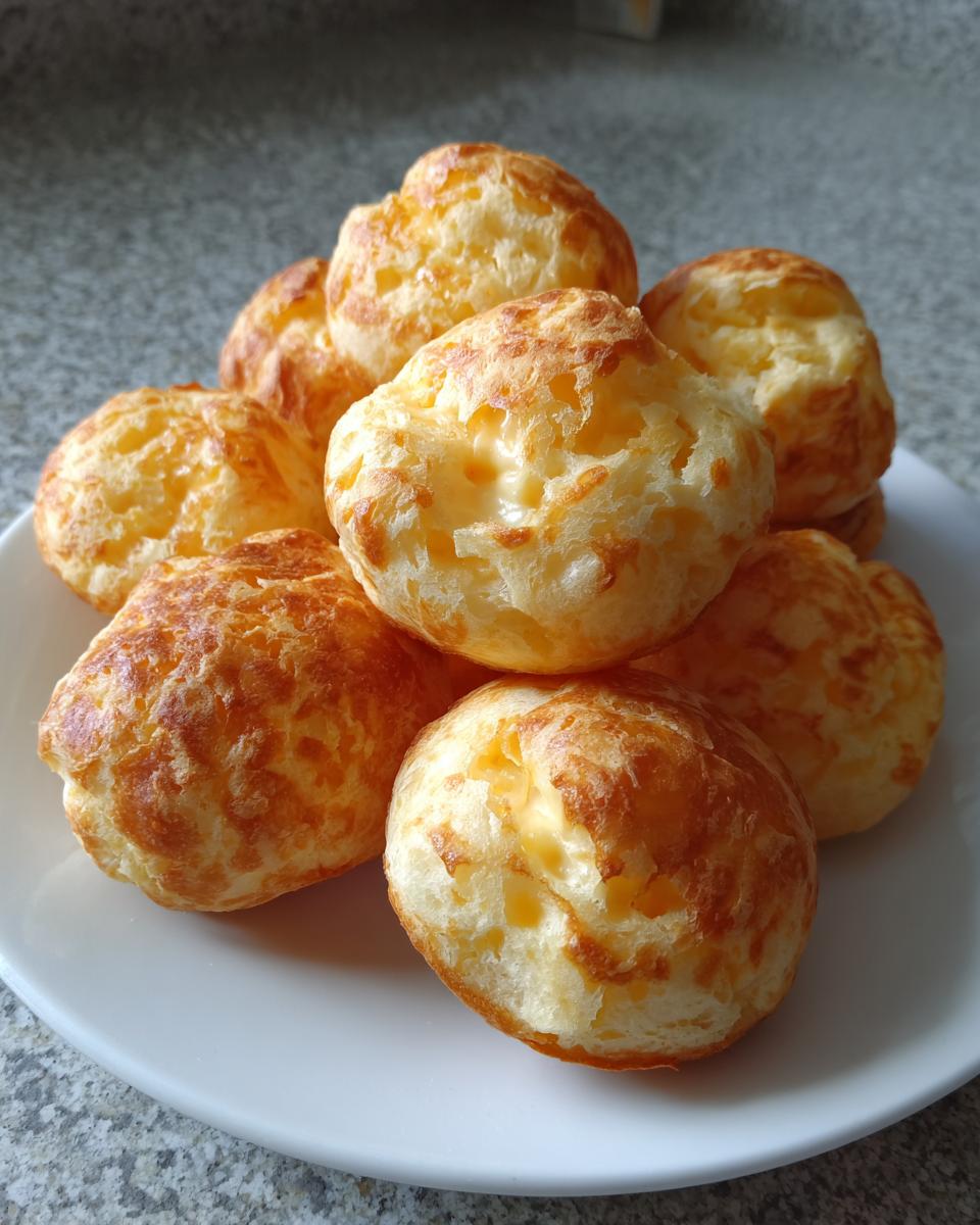 A pile of golden brown, puffy brazilian cheese bread rolls stacked on a white plate.