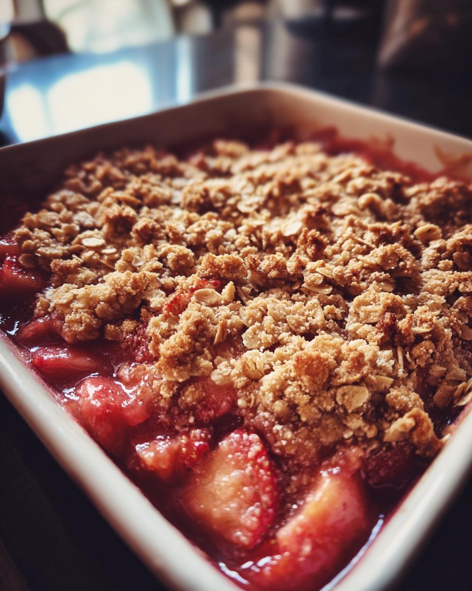 Close-up of a freshly baked rhubarb crisp with a golden, crumbly oat topping over bubbling red fruit filling.