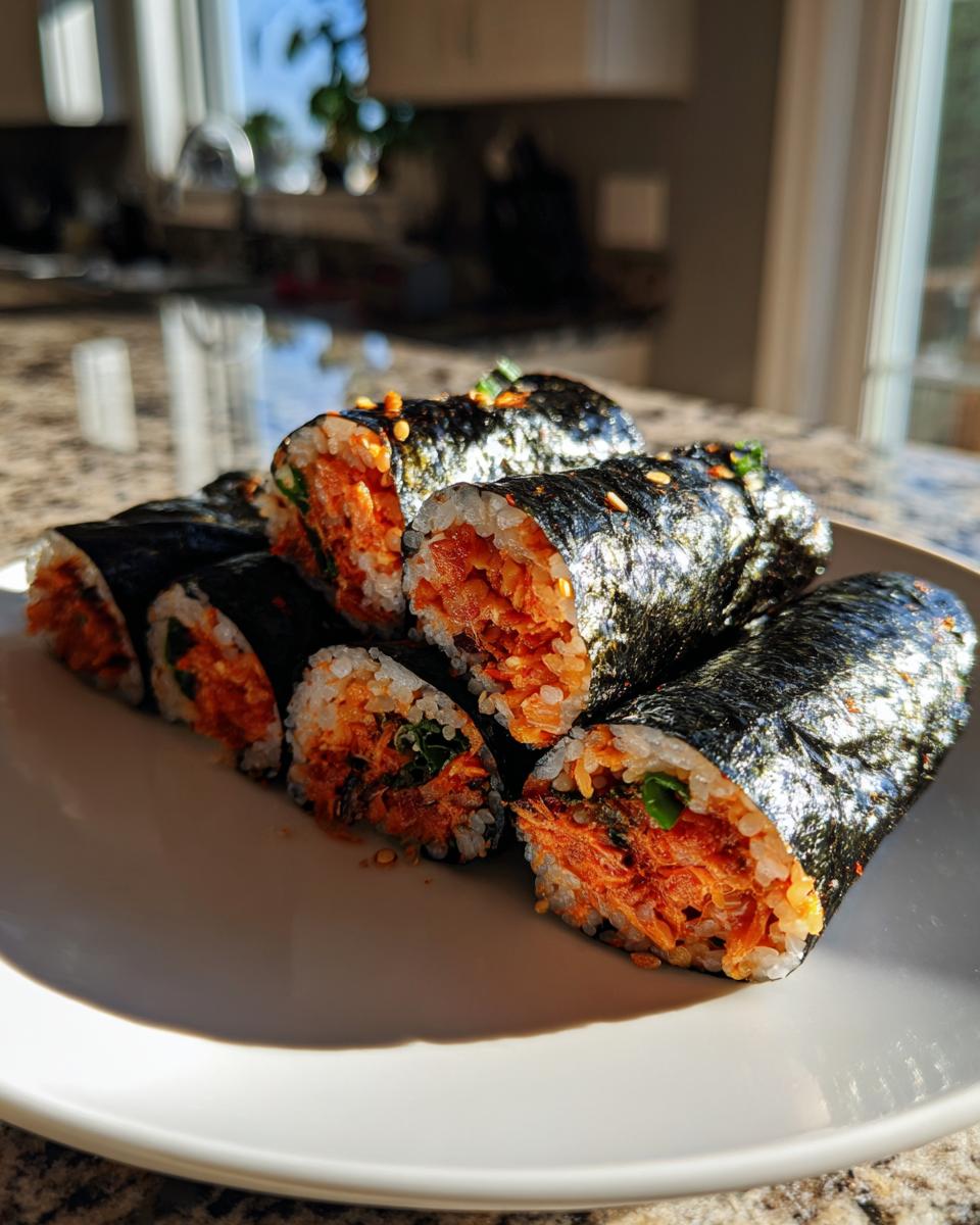 Close-up of several slices of homemade tuna kimbap, showing the bright orange tuna filling wrapped in rice and seaweed.