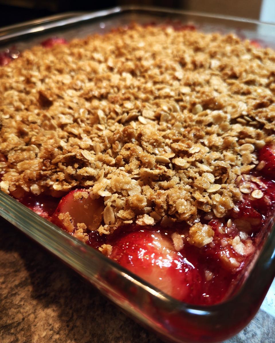 Close-up of a bubbling, freshly baked rhubarb crisp with a golden oat topping in a clear glass dish.