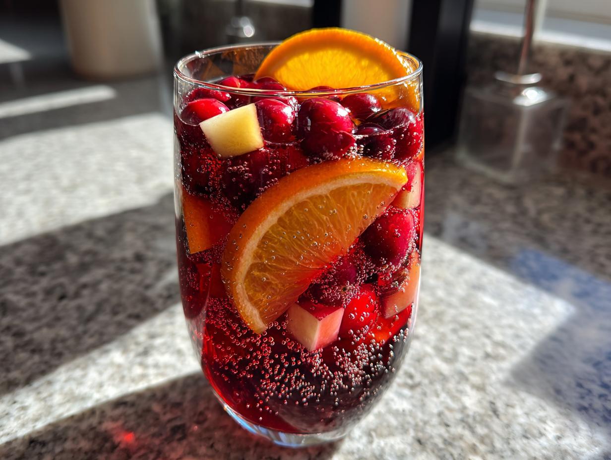 Close-up of a fizzy glass of Christmas sangria filled with cranberries, apple chunks, and orange slices.