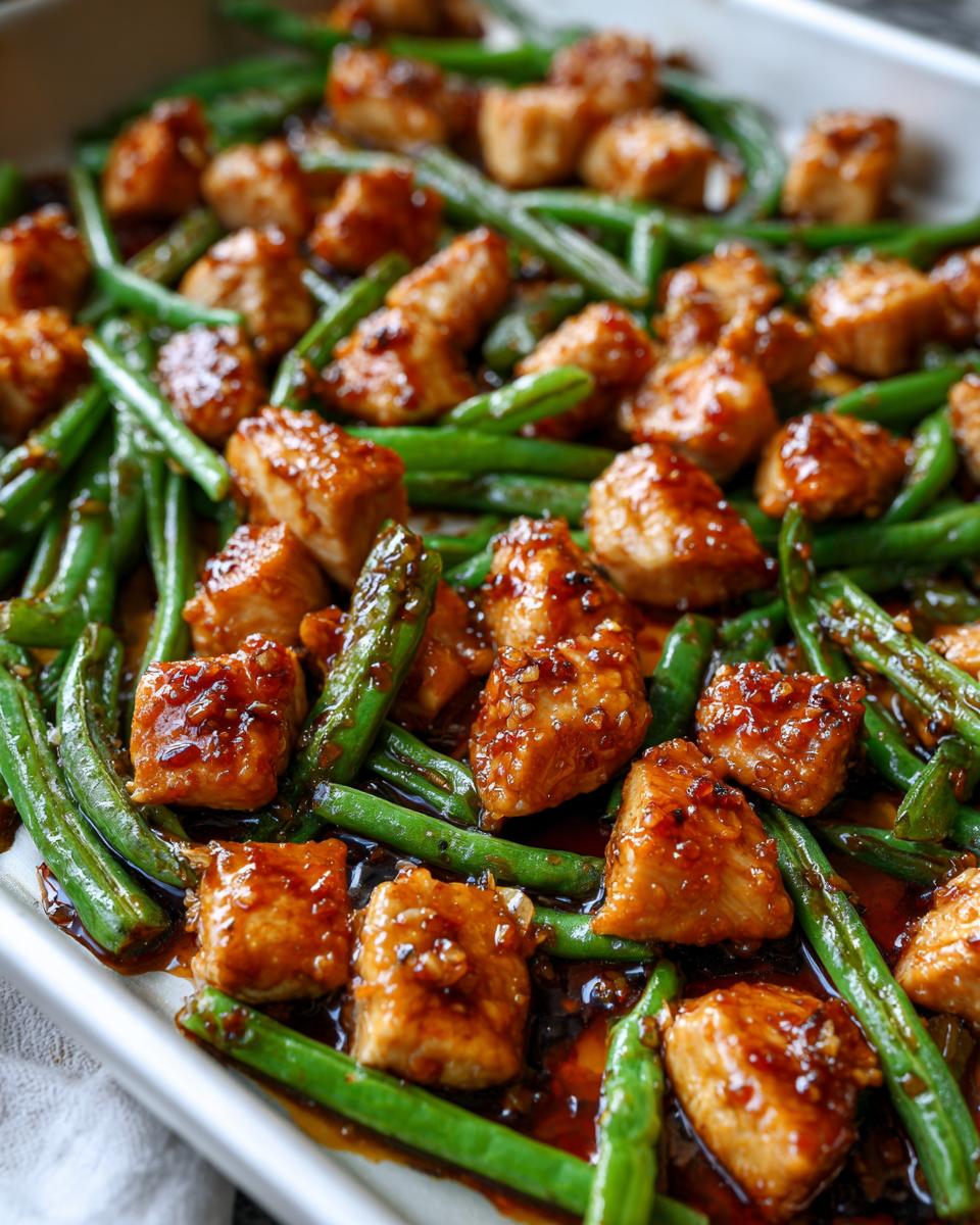 Close-up of glazed chicken pieces mixed with vibrant green beans, a perfect chicken and green beans dish.