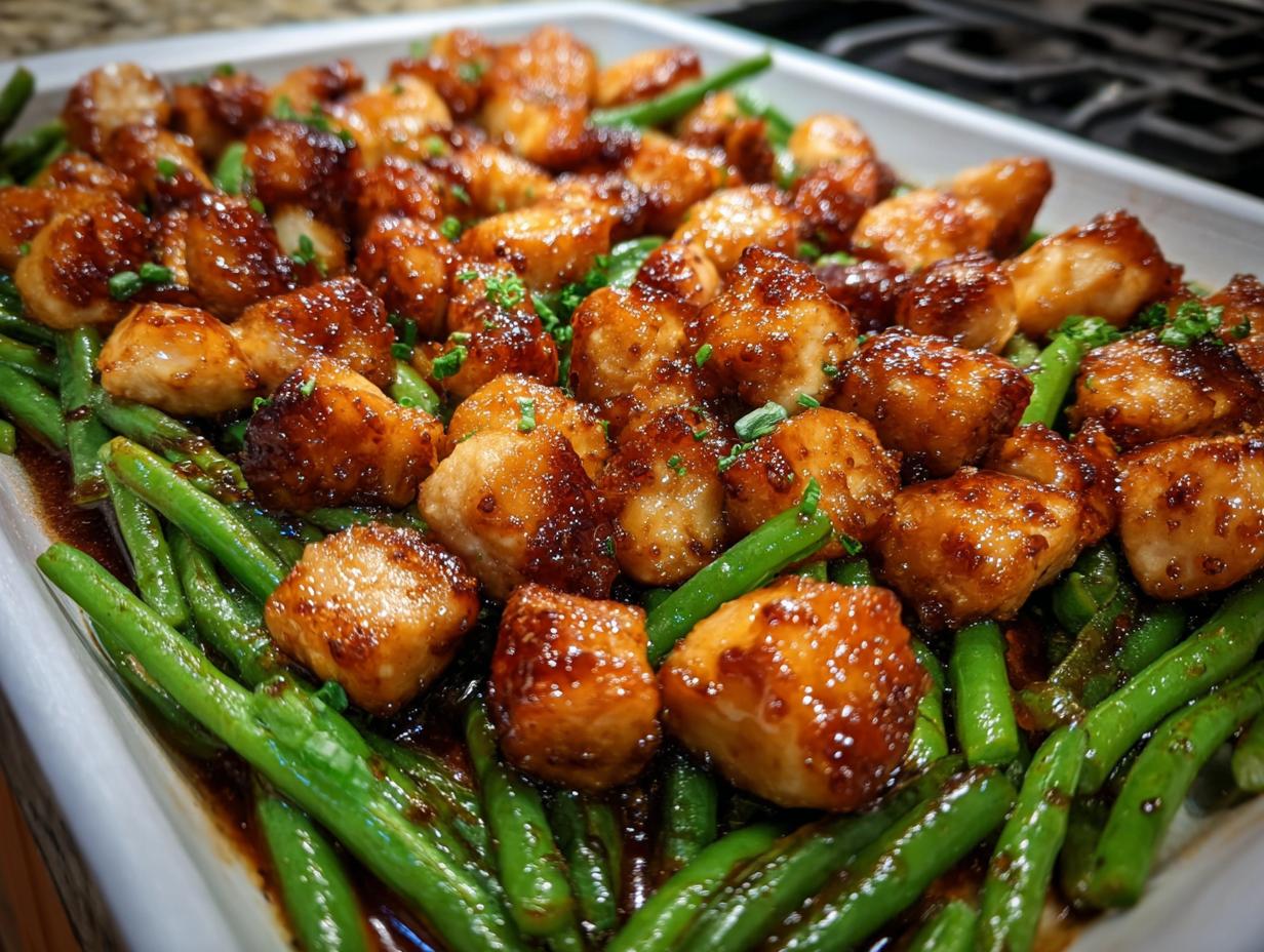 Close-up of glazed chicken pieces served over bright green beans, highlighting the delicious chicken and green beans recipe.
