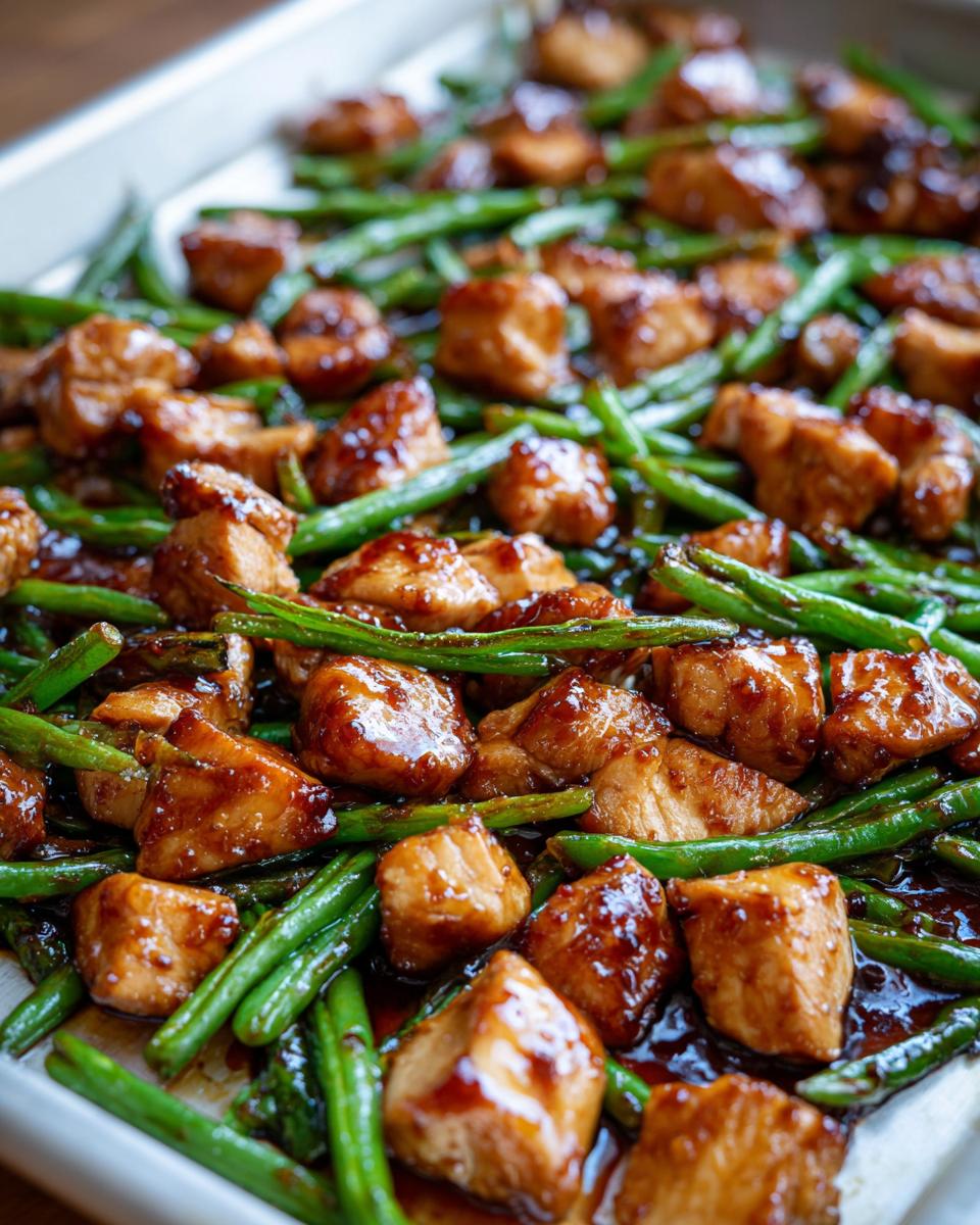 Close-up of glossy, glazed chicken pieces mixed with bright green beans, representing the 30 min chicken and green beans recipe.