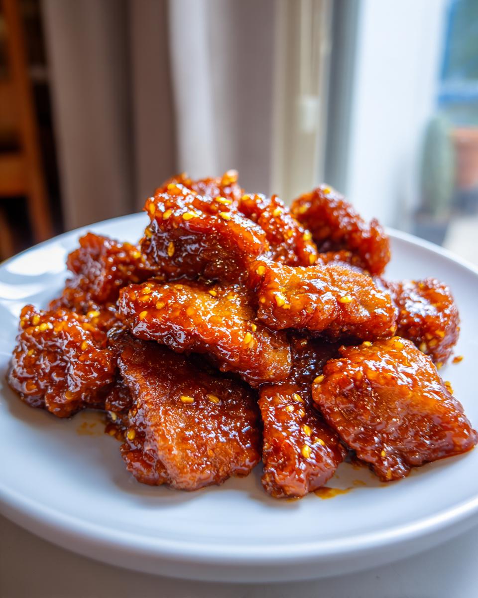 Close-up of sticky, glazed gochujang chicken pieces sprinkled with sesame seeds, piled on a white plate.