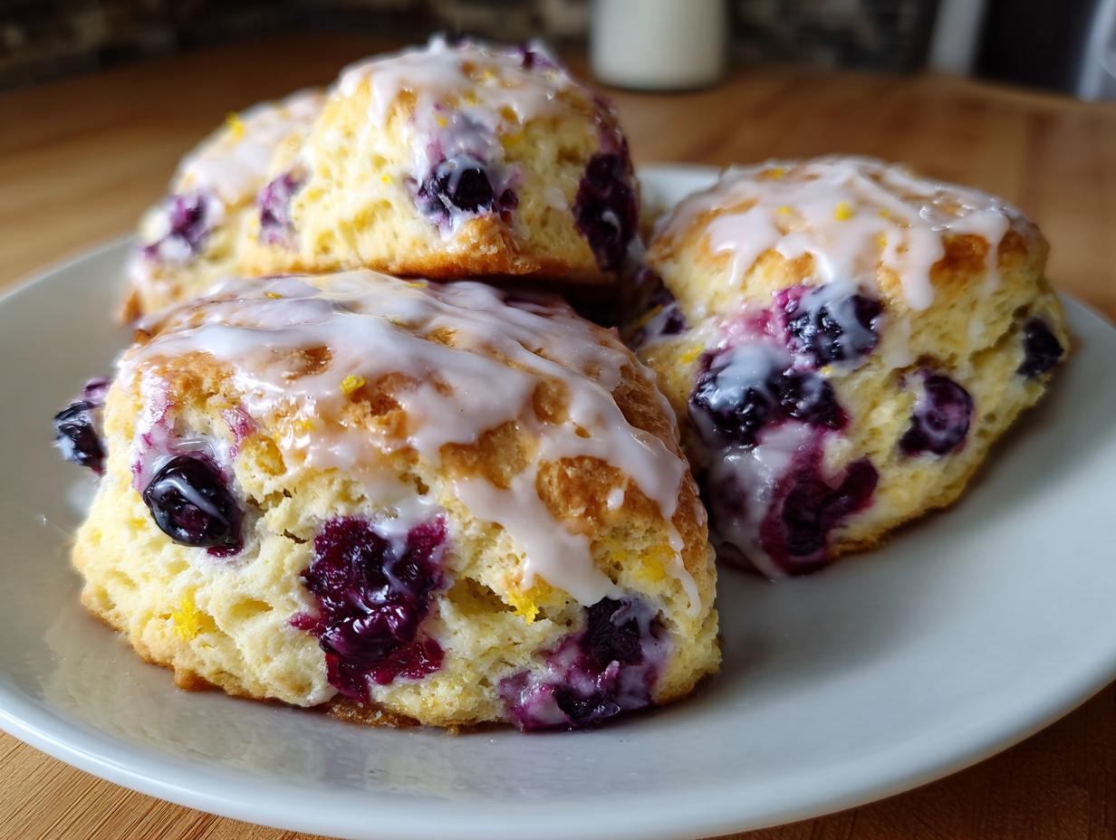 Close-up of several glazed lemon blueberry scones piled on a white plate, featuring visible blueberries and lemon zest.