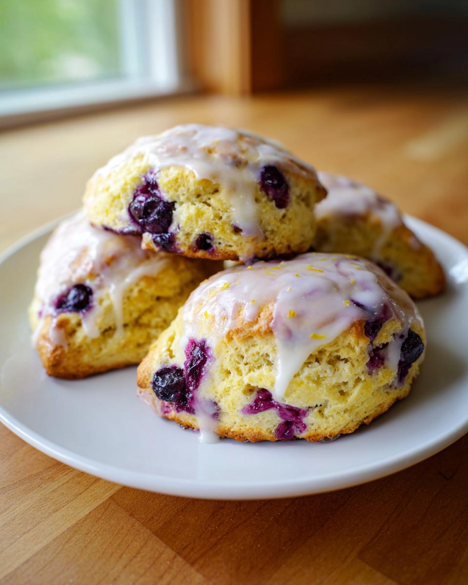 A stack of four freshly baked lemon blueberry scones, drizzled with white lemon glaze and topped with zest.