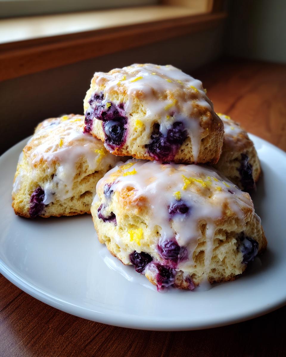 Four freshly baked lemon blueberry scones stacked on a white plate, topped with a thick lemon glaze and zest.